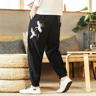 Pantalon style japonais motif grues japonaises