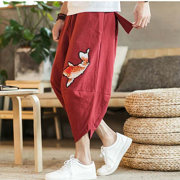 Pantalon japonais pour homme carpe koï brodé