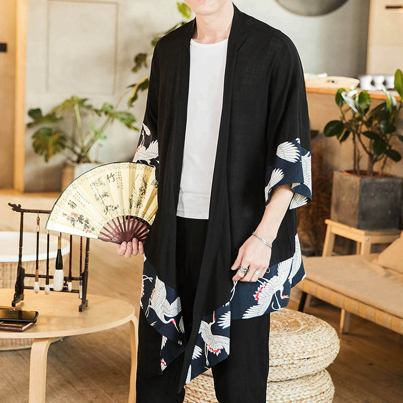Veste Kimono Long Homme Japonais Grue