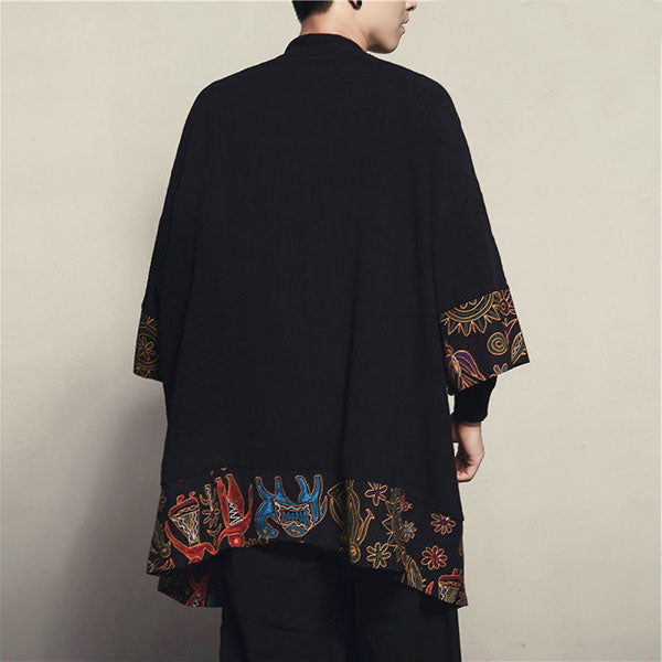 Veste Longue Kimono Noir Motifs Nature-2.jpg