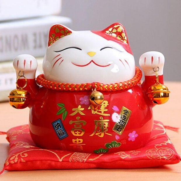 Chat Maneki Neko clochettes rouge