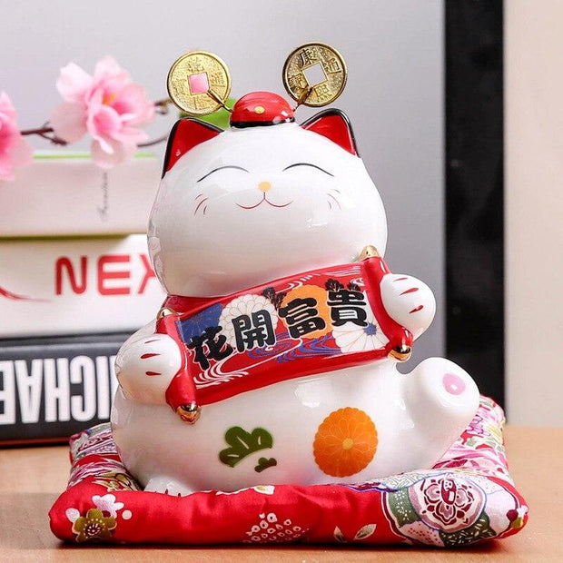 Tirelire Maneki Neko pièces et parchemin porte bonheur
