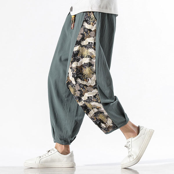 Pantalon japonais imprimé motif grue-0.jpg