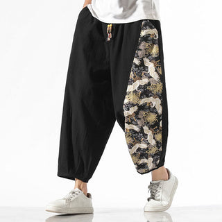 Pantalon japonais imprimé motif grue