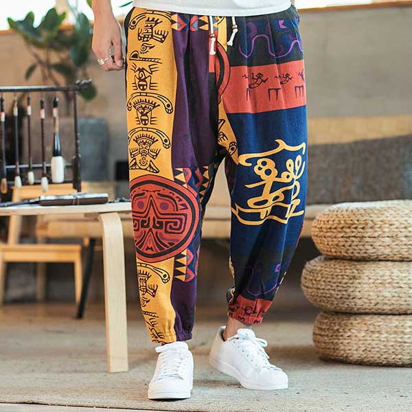 Pantalon japonais style sarouel motifs colorés