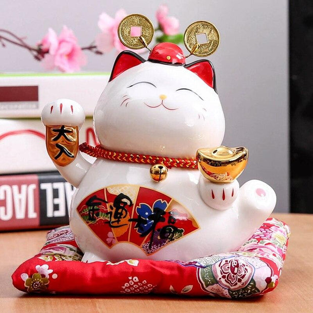 Maneki Neko pièces porte bonheur motif éventail