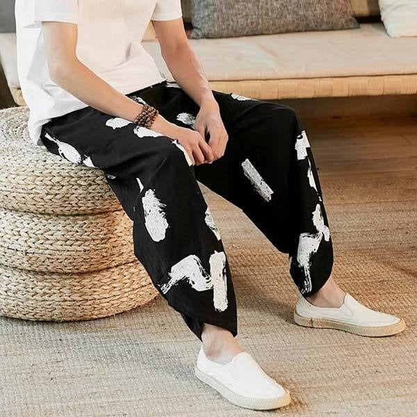 Pantalon japonais ample imprimé abstrait noir et blanc-1.jpg
