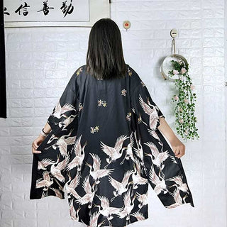 Veste longue style kimono motif grues