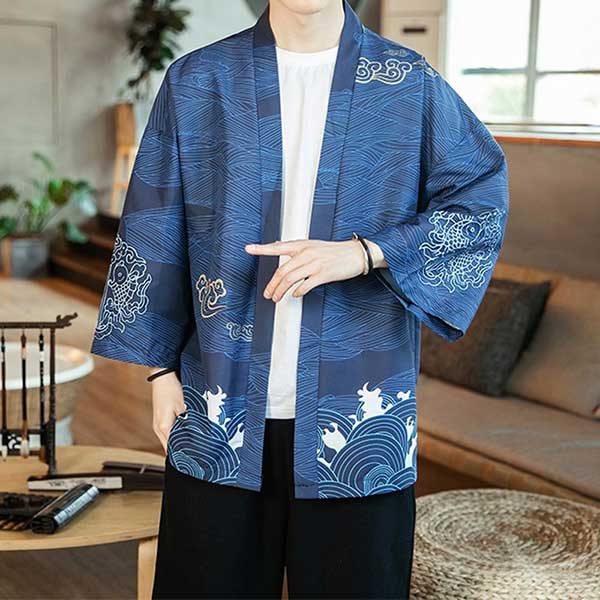 Veste Kimono Homme Bleue Grues-1.jpg