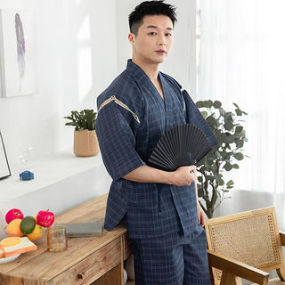Jinbei japonais à carreaux bleu