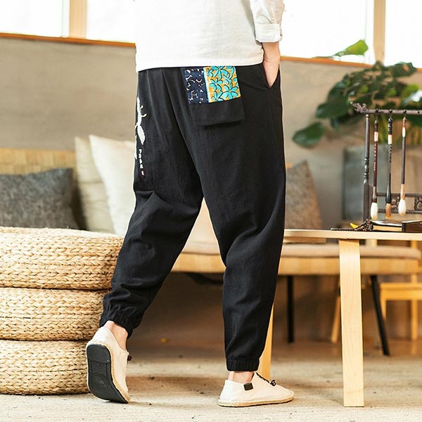 Pantalon style japonais motif grues japonaises-1.jpg