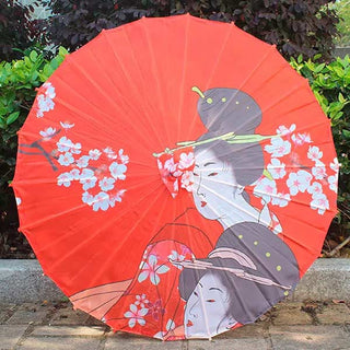 Ombrelle japonaise geishas en kimono rouge