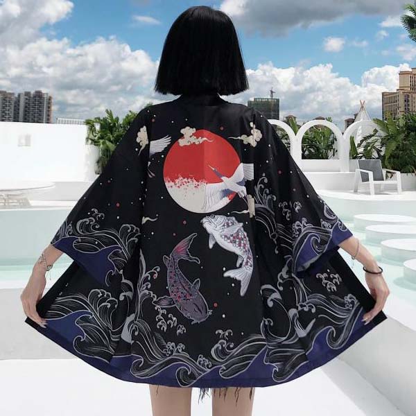 Haori japonais motif ciel de Carpes Koï