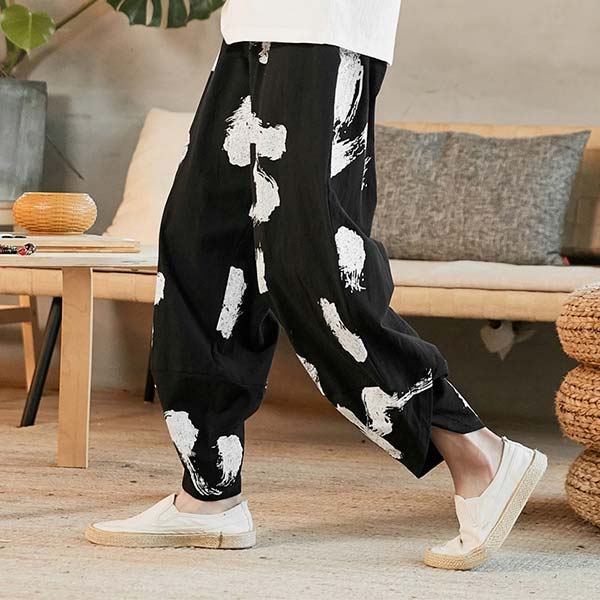 Pantalon japonais ample imprimé abstrait noir et blanc-0.jpg