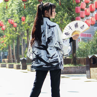 Haori japonais léger imprimé oiseaux