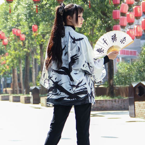 Haori japonais léger imprimé oiseaux