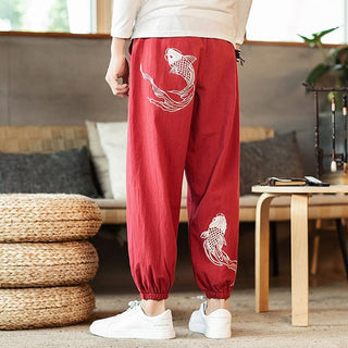 Pantalon style japonais motif carpe koï