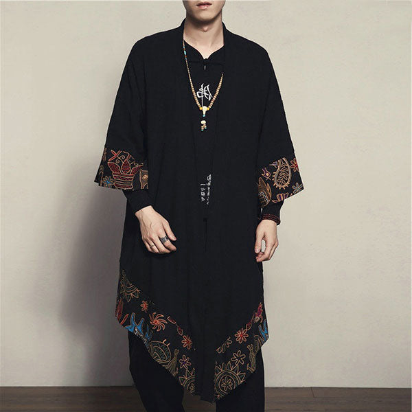 Veste Longue Kimono Noir Motifs Nature-1.jpg