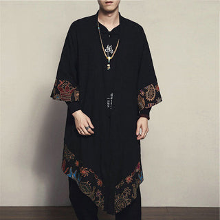 Veste Longue Kimono Noir Motifs Nature