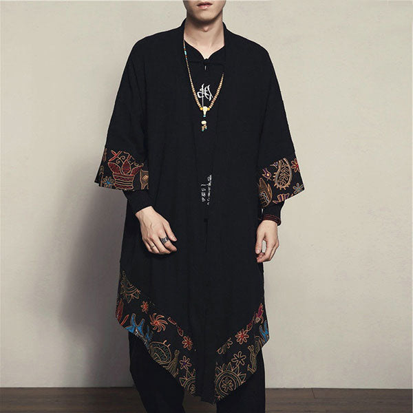 Veste Longue Kimono Noir Motifs Nature