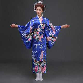 Kimono satiné style japonais bleu