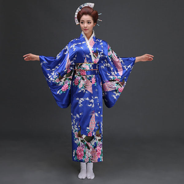 Kimono satiné style japonais bleu