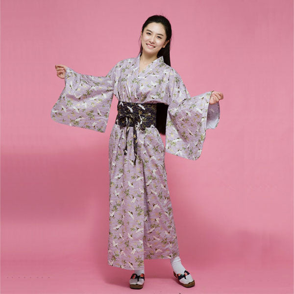 Yukata japonais rose motifs grues