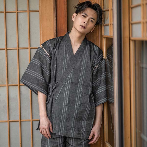 Jimbei japonais pour homme gris à rayures