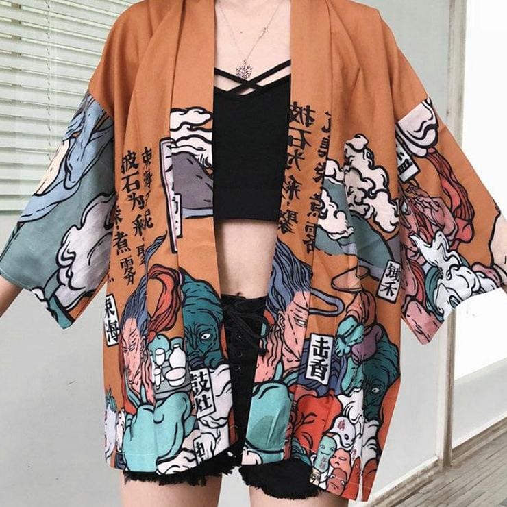 Veste Kimono Noir Estampe Démon