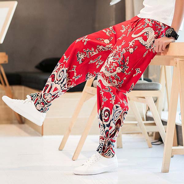 Pantalon japonais imprimé dragon