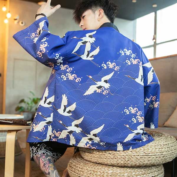 Veste Kimono Bleue Grue et Seigaiha-2.jpg