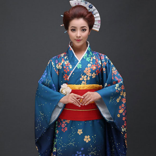 Kimono japonais floral bleu nuit