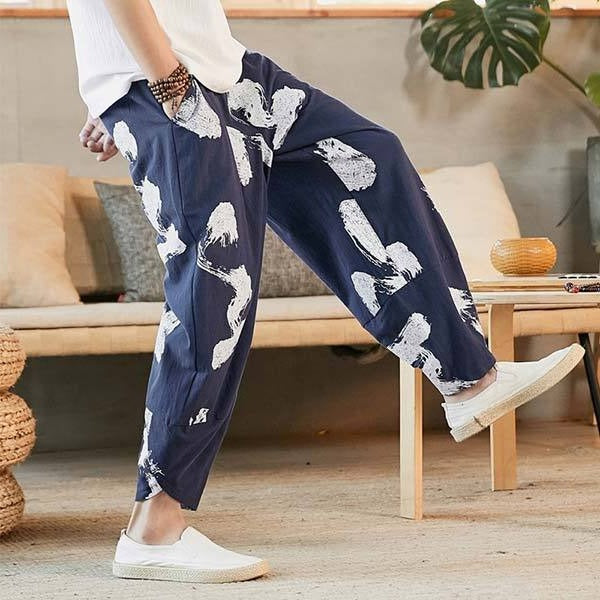 Pantalon japonais ample imprimé abstrait noir et blanc