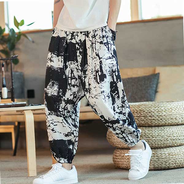 Pantalon japonais pour homme style Tie & dye noir et blanc