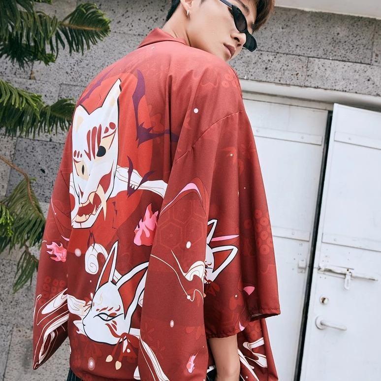 Veste Haori Rouge Masques Japonais-1.jpg