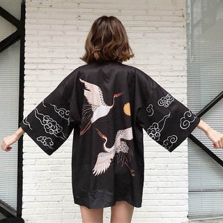 Kimono court noir motif grues